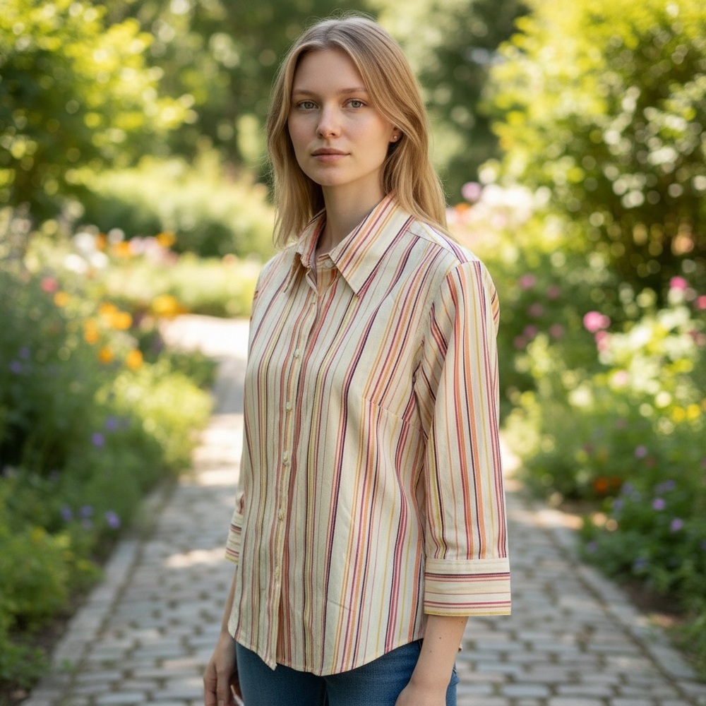 J. Crew Women Multicolor Striped Button Down Shirt w/ 3/4 Sleeves in Size Small - Picture 1 of 6